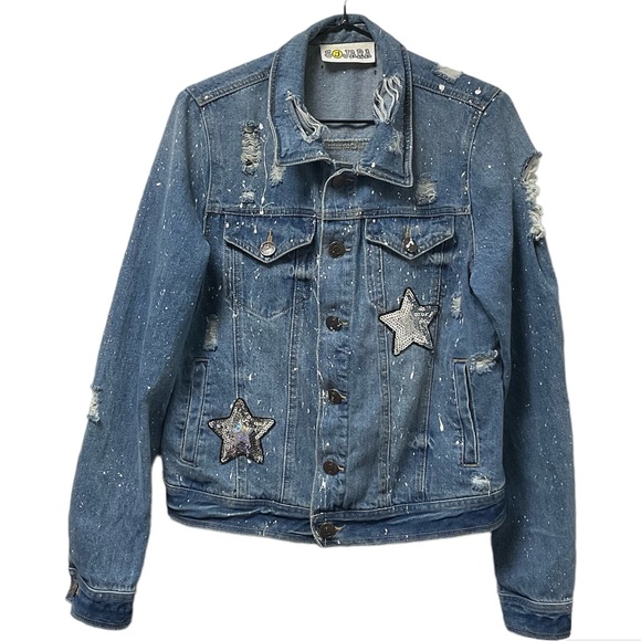 🔥Sojara Blingy Sequin Silver Stars Distressed Brass Button Jean Jacket! - Picture 5 of 6